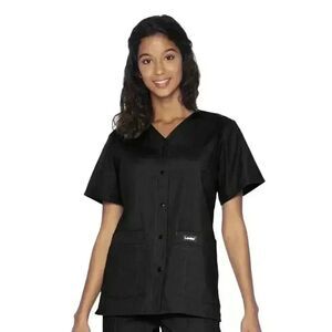 Landau Women's Black Poly/Cotton Snap Front V-Neck Short Sleeve Relaxed Fit 4 Po